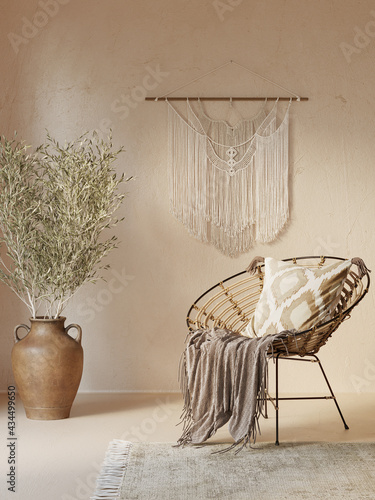 3d bohemian interior with boho macrame wall hanging decor and a round rattan chair with ikat cushion