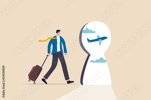 Air travel and tourism hope to return after COVID-19 Coronavirus outbreak concept, businessman traveller with luggage walk in the airport looking at keyhole with flying airplane outside.
