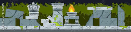 Game vector seamless landscape, cartoon jungle maya temple ruin background, stone altar, fire, boulders. Horizontal level environment Aztec illustration. History game landscape, totem face, rainforest