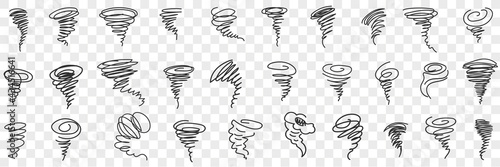 Tornado and hurricane doodle set. Collection of hand drawn natural disasters hurricanes tornado with windy center in rows isolated on transparent background 