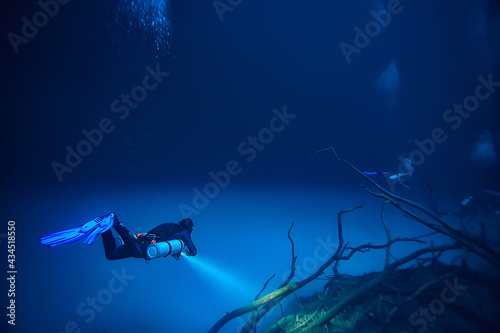 cenote angelita, mexico, cave diving, extreme adventure underwater, landscape under water fog