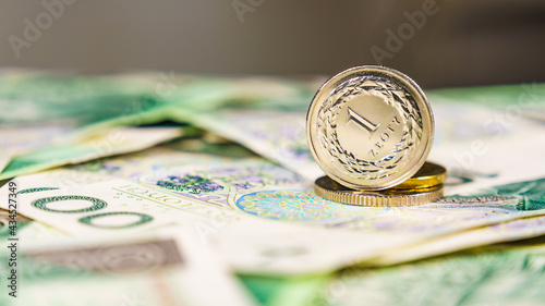 Close up polish zloty banknotes and coins