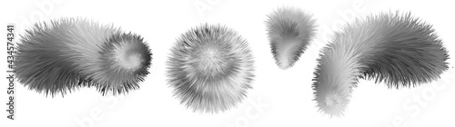 Fur pompons and shapes. Gray and white racoon furry texture. Shaggy fluffy 3d objects isolated. Vector illustration