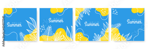 Vector set of colourful social media stories design templates, backgrounds with copy space for text - summer landscape. Summer background with leaves and waves