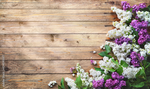 Blooming lilac flowers (syringa vulgaris) on rustic wooden background