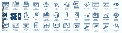 Set of editable line icons of SEO - Search Engine Optimization. Thin line web icon collection. Simple vector illustration of development, optimization, analysis, and analytic.