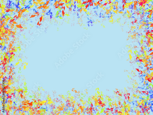 Frame composed of colorful and abstract leaves over central copy space. Digital illustration