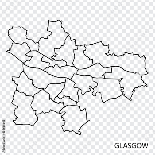 High Quality map of Glasgow is a city of United Kingdom, with borders of the districts. Map of Glasgow for your web site design, app, UI. Great Britain. EPS10.
