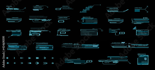 Vector set HUD callouts and pointers. Callout headers, Sci-Fi style frames. Information panels for calls, modern information. Holographic elements HUD, GUI, UI. Modern digital panels for the interfac