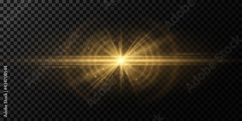 Stylish golden light effect on a dark transparent background. Vector footage for your project. Explosion with glowing sparks. Magic beams. Bright flare with rays.