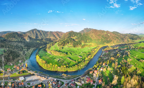 Aerial view of bend of Dunajec river and Sokolica mountain from Szczawnica, Pieniny, Poland