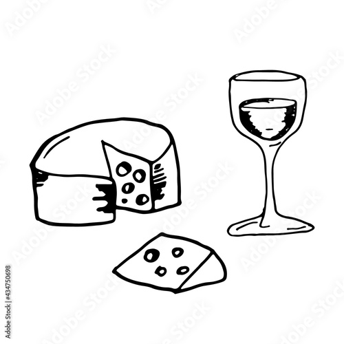 Vector hand drawn illustration of glass of wine and cheese. Doodles