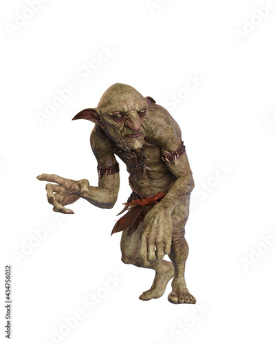 Hobgoblin fantasy creature creeping stealthily. 3d illustration isolated on white background.