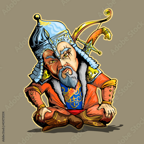 Japanese, Chinese, Mongolian Khan. Eastern warrior sitting in lotus position on the ground. Oriental man in helmet and with bow and sword. Vector cartoon cute character. Isolated