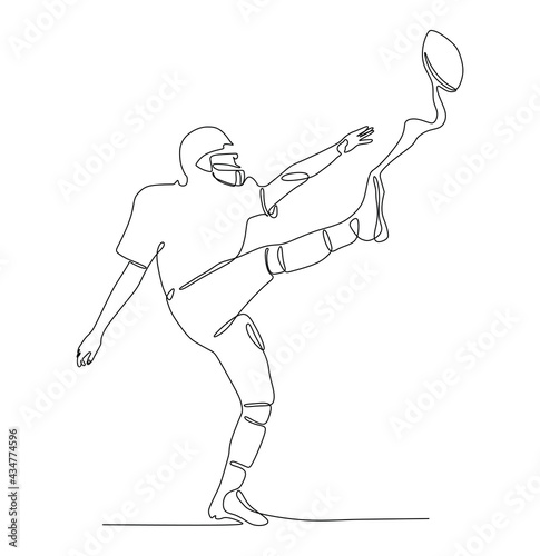 A male American football player kicker kicking the ball, isolated on white background - continuous one line drawing
