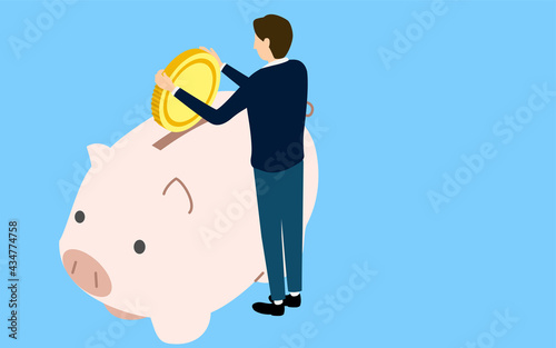 貯金のイメージ、豚の貯金箱にコインを入れる男性、アイソメトリック