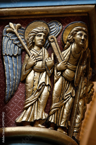 Saint Germain des Pres church, Paris, France. Capital. Angel and Saint Benedict.