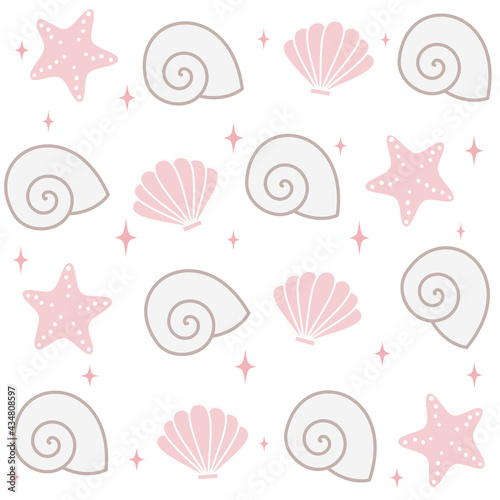 cute lovely seamless vector pattern background illustration with seashells, stars and starfish