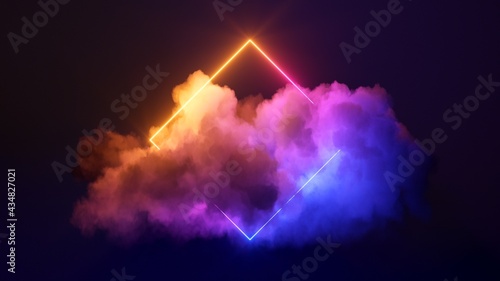 3d render, abstract minimal background with pink blue yellow neon light square frame with copy space, illuminated stormy clouds, glowing geometric shape