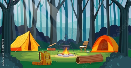 Summer camp in forest with bonfire, tent, backpack