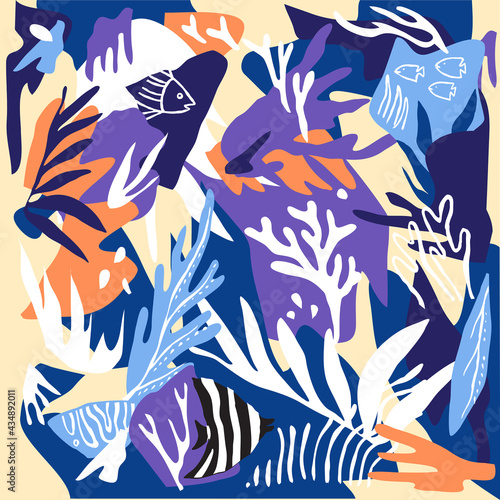 Beautiful coral and sea fish pattern designs for fabrics and wall painting prints. Design background for invitation card graphics and coral posters. Vector drawing and illustration.
