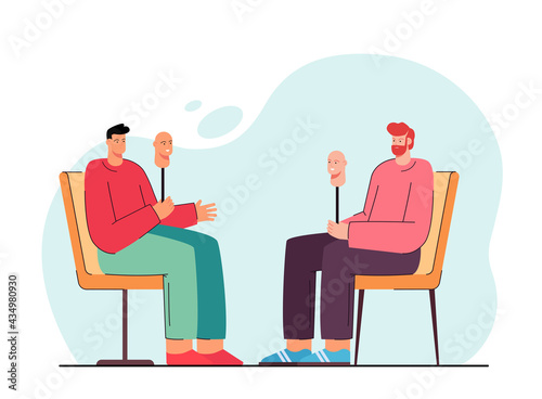 Two cartoon men taking off their masks, becoming sincere. Flat vector illustration. Men sitting opposite each other, holding face masks, hiding feelings. Dissimulation, honesty, disguise concept