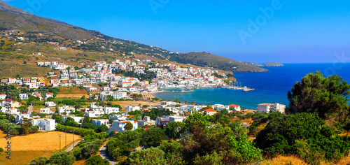 panoramic view of the fishing port of Batsi, on the island of Andros, famous Cyclades island in the heart of the Aegean Sea