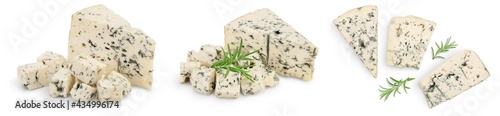 Blue cheese with rosemary isolated on white background with full depth of field. Set or collection