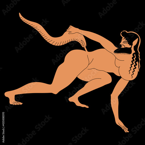 Ancient Greek satyr with long tail. Vase painting style. Isolated vector illustration. On black background.
