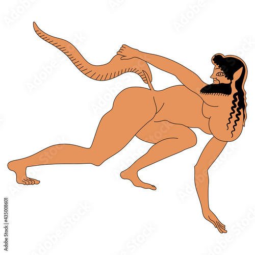 Ancient Greek satyr with long tail. Vase painting style. Isolated vector illustration.