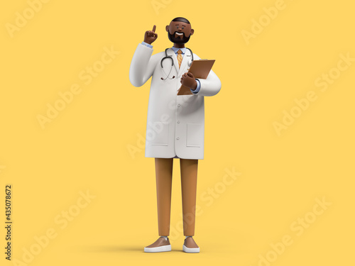 3d render. African cartoon character doctor holds documents and gives advice. Medical clip art isolated on yellow background. Professional consultation
