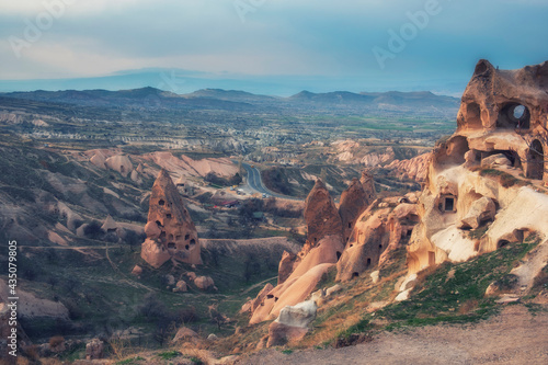 Ancient city of Uchisar with residential dwellings in caves, Cappadocia Turkey at spring
