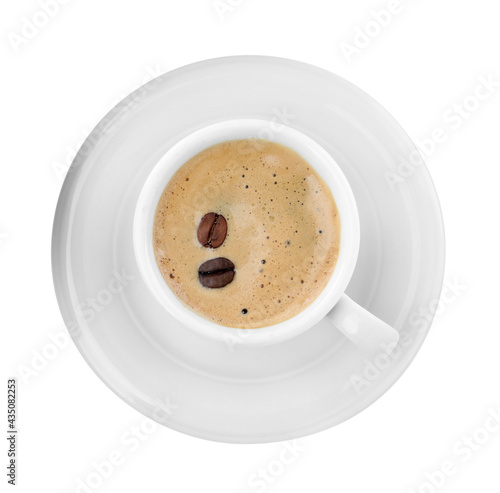 Cup of aromatic coffee with beans isolated on white, top view