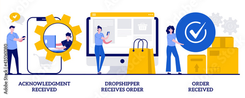 Acknowledgment received, drop shipper receives order, order received concept with tiny people. Customer support, express delivery service, transportation business abstract vector illustration set