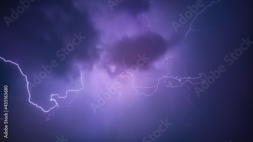Lightning bolt between black clouds at night, amazing and dramatic view