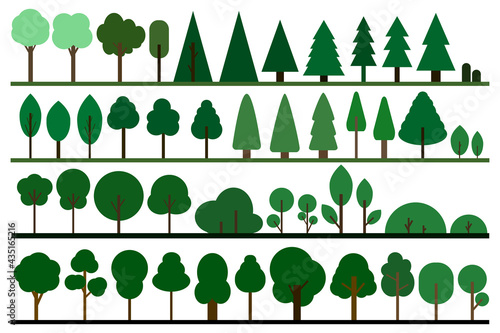 Green trees in a flat design. Various forest line. Natural product, garden, nature cosmetics, cartoon ecology nature sign. Different trees collection. Vector illustration.