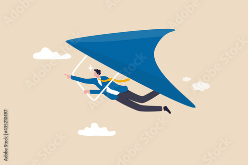 Business opportunity or aspiration to success in work and career, leadership to achieve target concept, ambitious businessman flying with glider high up to look for new business opportunity.