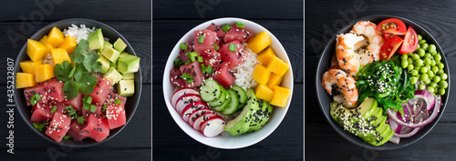 Collage of poke salad. Poke salad in the bowl on the black wooden background. Top view. Close-up.