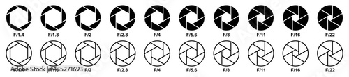 Camera Aperture icon set, lens diaphragm row with value numbers, Camera shutter, Vector illustration