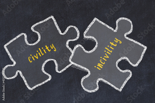 Concept of dealing with troubles. Chalk sketch of connecting puzzles with words civility and incivility