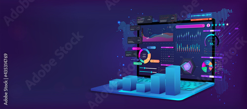 Business analysis and analytics online through the application on a laptop. Dashboard app with business analytics data, charts, investment, trade and finance management. Vector illustration 