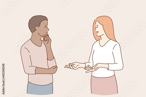Communication and talking concept. Young couple of mixed race woman and man standing and talking discussing things chatting about problems communicating vector illustration 