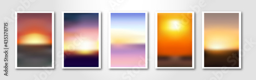 Set of blurred natural landscapes with sun, sunrises and sunsets. Vector gradient color images for backgrounds.