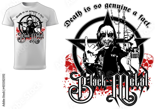 Corpse Paint T-shirt Gothic Black Metal Design - Illustration with Man Figure and Pentagram and Bloody Decoration, Vector