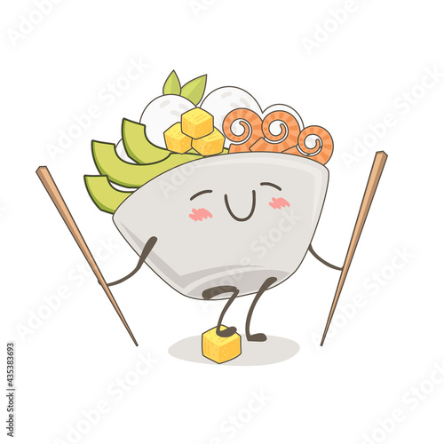 Cute drawing of a poke bowl. Kawaii food illustration. Smiling food bowl with chopsticks