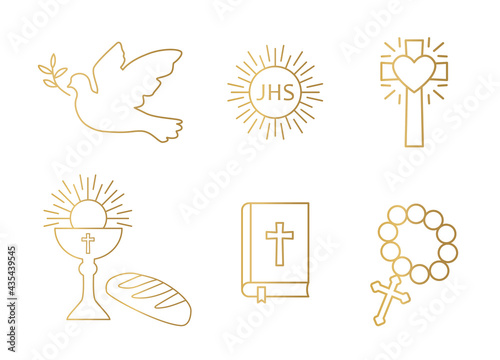 golden christianity icon set; dove, holy communion, cross, chalice and bread, bible and rosary - vector illustration