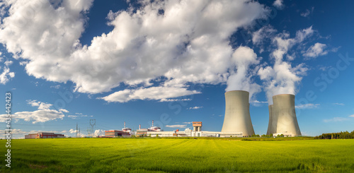 Nuclear Power Plant Temelin, Cooling towers with white water vapor in the landscape, Czech republic