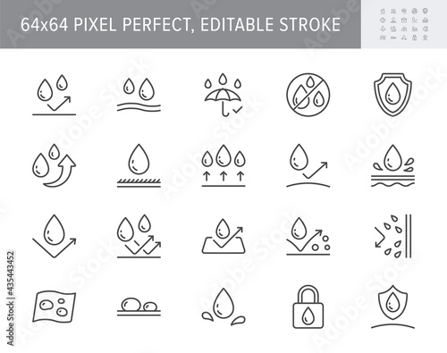 Waterproof line icons. Vector illustration include icon - shield, hydrophobic material, membrane, umbrella, oleophobic outline pictogram for anti water protect. 64x64 Pixel Perfect, Editable Stroke