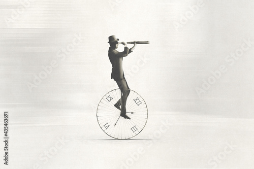 illustration of hurry classic businessman riding an antique clock to get on time to work, time and space concept