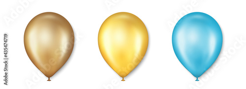 Birthday balloons vector set. Golden balloon for celebration, party and wedding. Celebrate Anniversary, Helium yellow balloon. Festival romantic decorations. Realistic birthday party elements. Vector